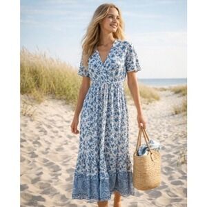 R. Vivimos Blue Floral Boho Maxi Dress Tie Waist Ruffle Hem Deep V-neck Size L